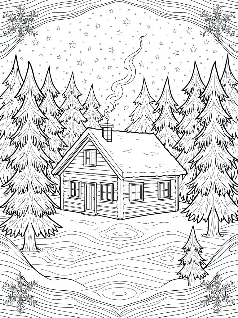Line drawing of a snow-covered log cabin with chimney smoke in a forest of pine trees under starry skies, framed by decorative borders.