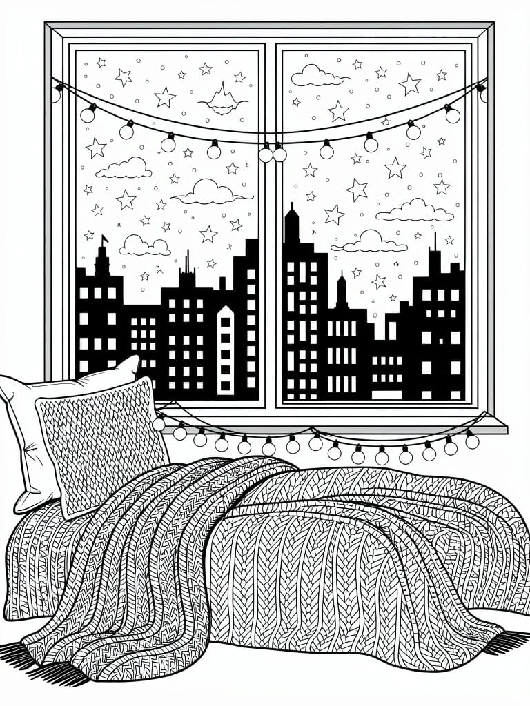 Black line art coloring page of a window with city skyline, stars, clouds, fairy lights, pillows on sill, and bed with blanket underneath.