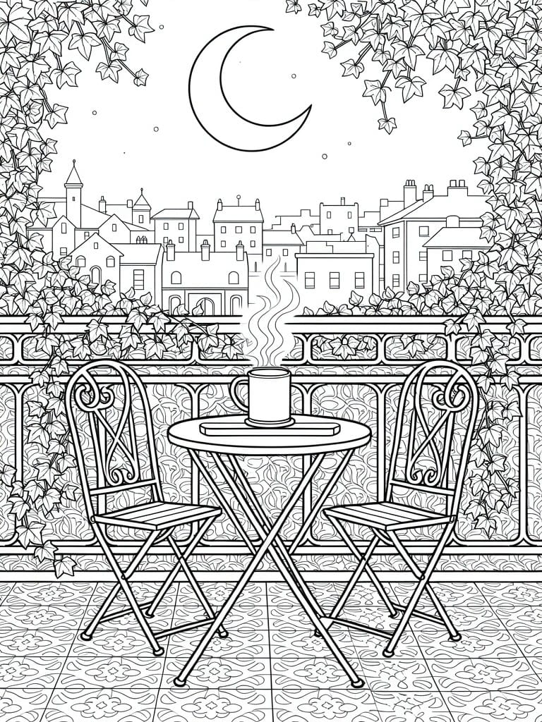 Line drawing of a balcony with chairs, table, steaming mug, climbing vines, crescent moon, stars, and city buildings in the background.