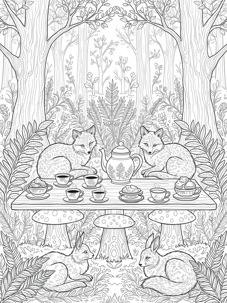 Black line drawing of foxes seated at a tea table surrounded by forest trees, ferns, mushrooms, and bunnies.