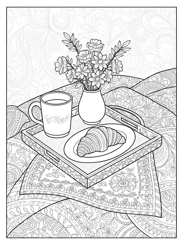 Line art coloring page of a tray with mug, croissant, and flower vase on patterned bed sheets.