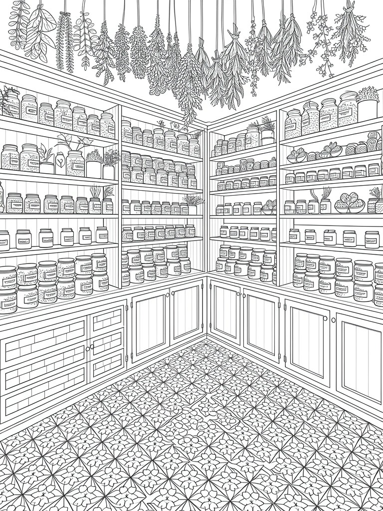 Line drawing of a corner apothecary shop interior with shelves full of jars, hanging herbs, potted plants, and patterned tile floor.
