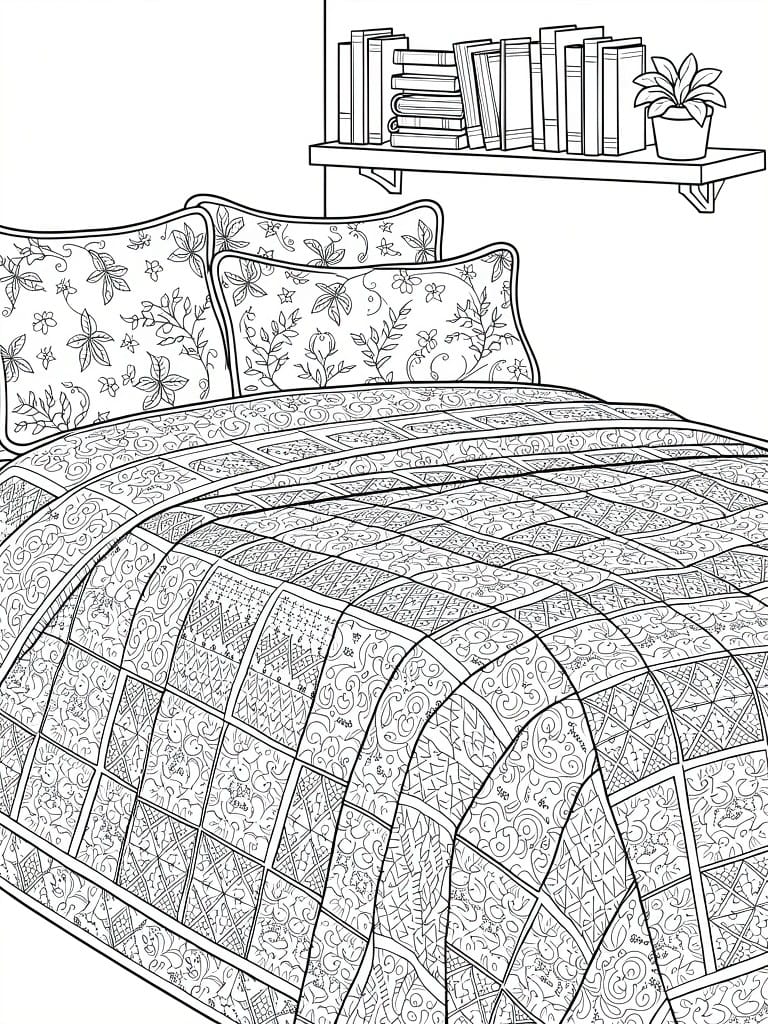 Line drawing of a bedroom featuring a detailed quilted bed, patterned pillows, bookshelf, and potted plant.