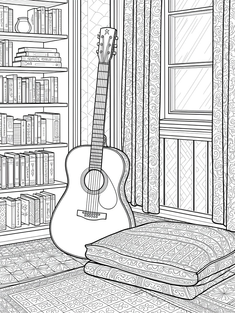 Line drawing of a room corner with full bookshelves, leaning acoustic guitar, curtained window, patterned rug, and stacked cushions.