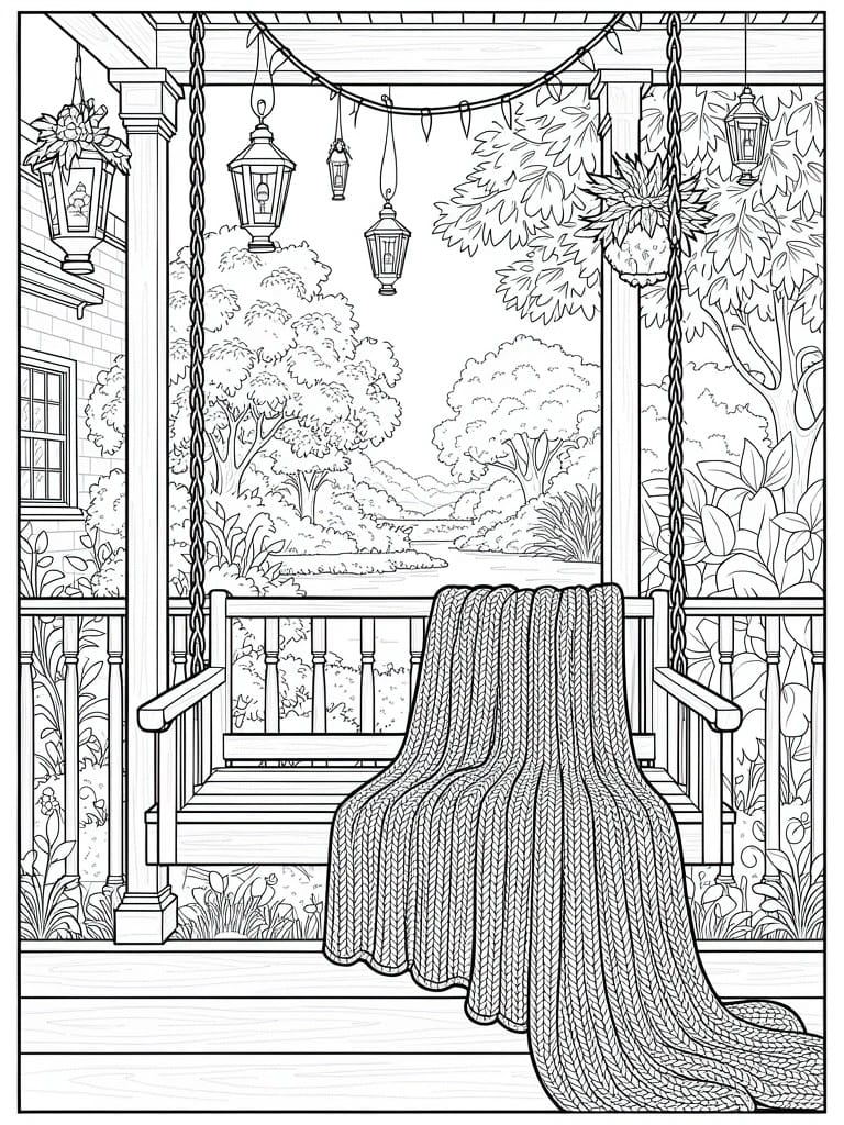 Line art coloring page of a porch swing with knitted blanket on a veranda overlooking trees, plants, and garden.