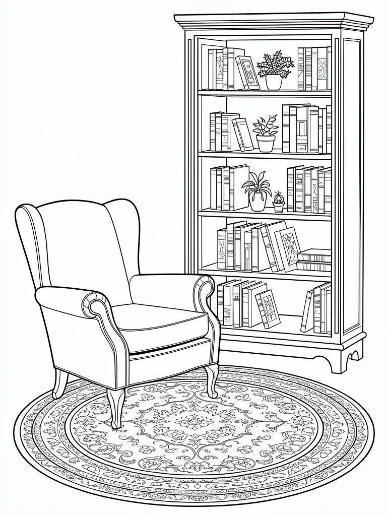 Line drawing of a bookshelf with books and plants beside an armchair on a patterned round rug.