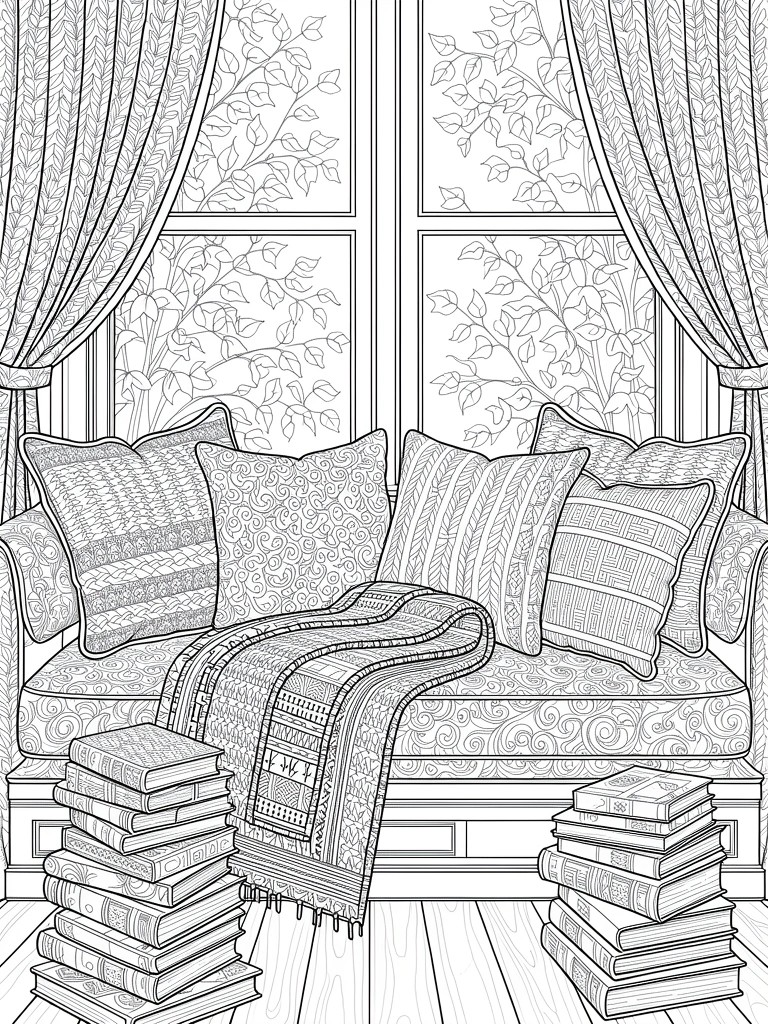 Line drawing of a window bench with patterned pillows, blanket, sheer curtains, leafy window view, and book stacks on wooden floor.
