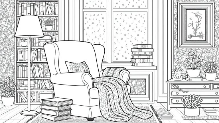 Line drawing of a room with bookshelves, rainy window, lamp, armchair with blanket, and book stack.