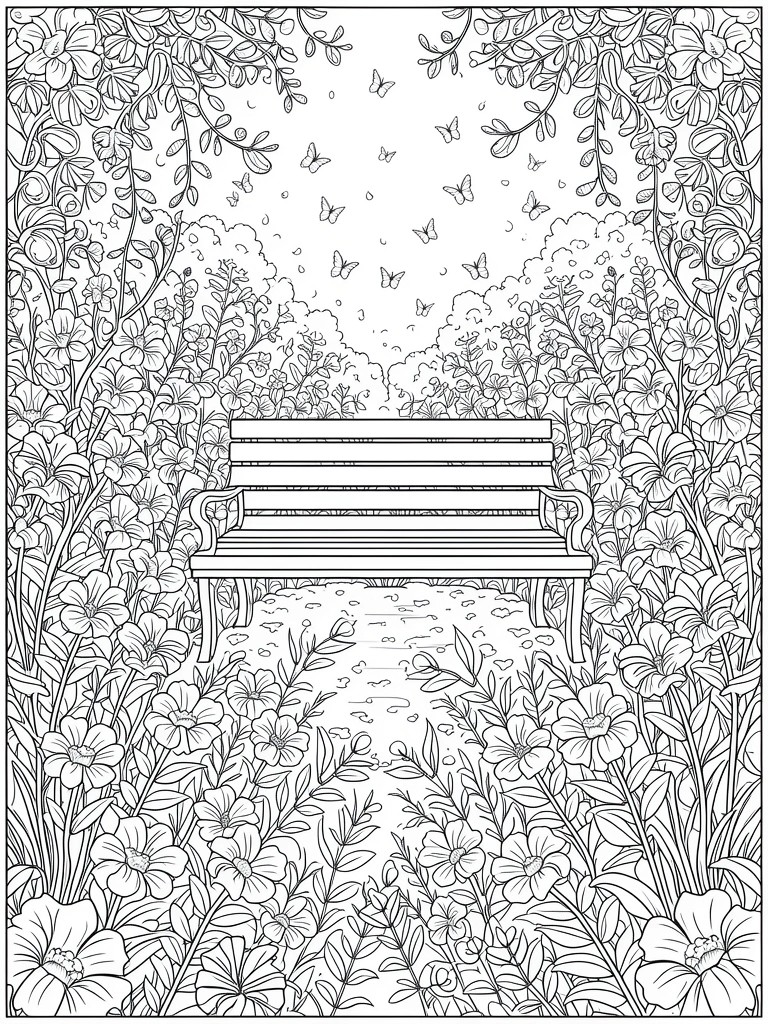 Line drawing of a bench at the end of a garden path, surrounded by dense flowers, vines, leaves, and butterflies against a cloudy sky.