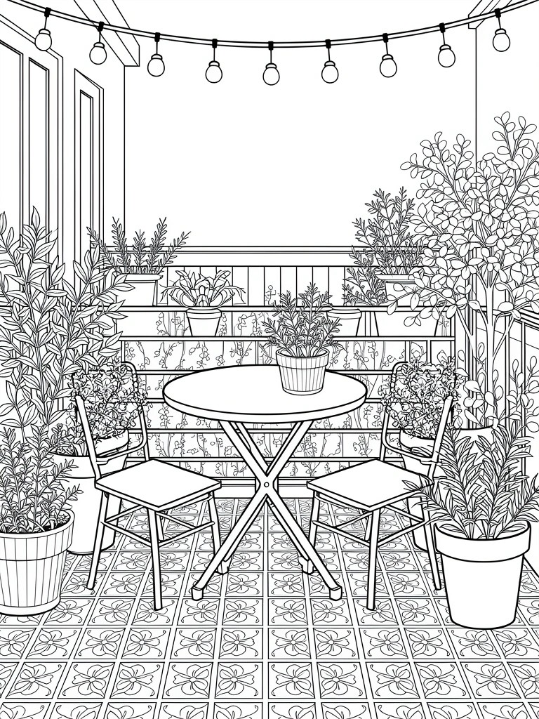 Line art of a balcony terrace with potted plants, round table and chairs, string lights, railing, and patterned tile floor.