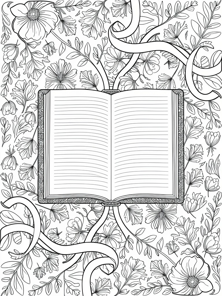 Line art of an open lined book centered and framed by vines, ribbons, leaves, and blooming flowers.