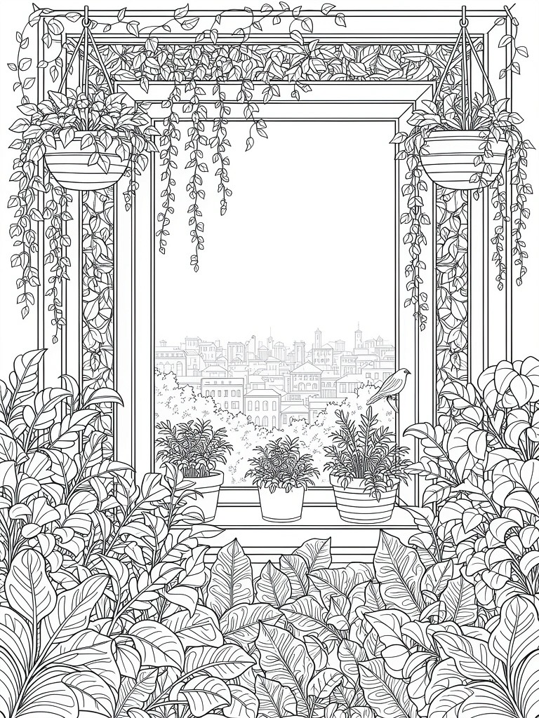 Line drawing of a window overgrown with vines, hanging plants, potted leaves on the sill, a bird, and city buildings in the background.