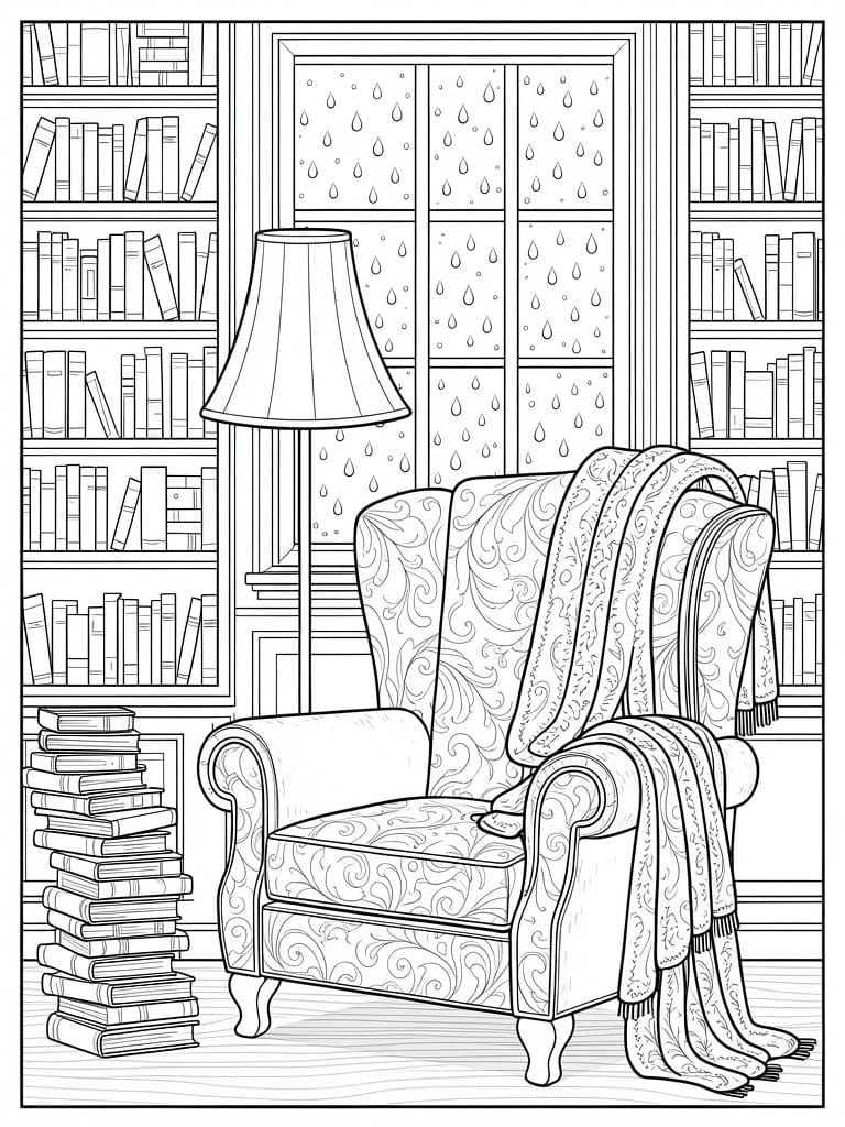 Line drawing of a room with bookshelves, rainy window, lamp, armchair with blanket, and book stack.