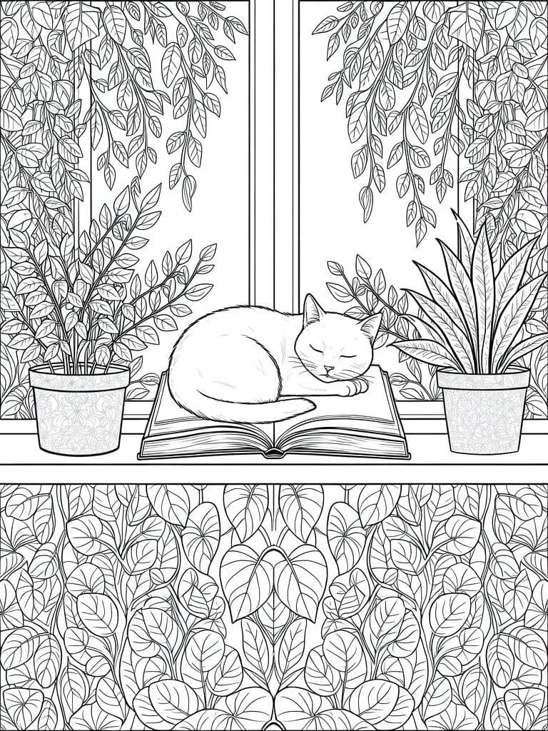 Line art coloring page of a sleeping cat on a windowsill with trailing vines, potted plants, an open book, and a leaf-patterned border below.