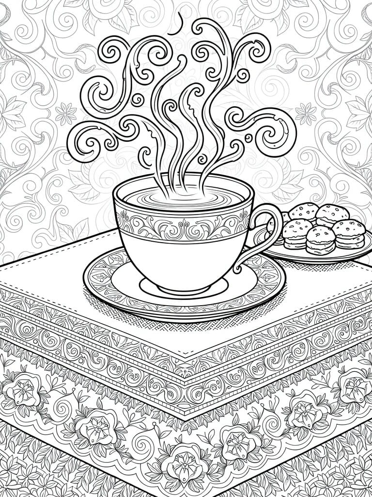 Line art of a teacup with rising steam on a saucer next to cookies, on a patterned table with ornate background designs.