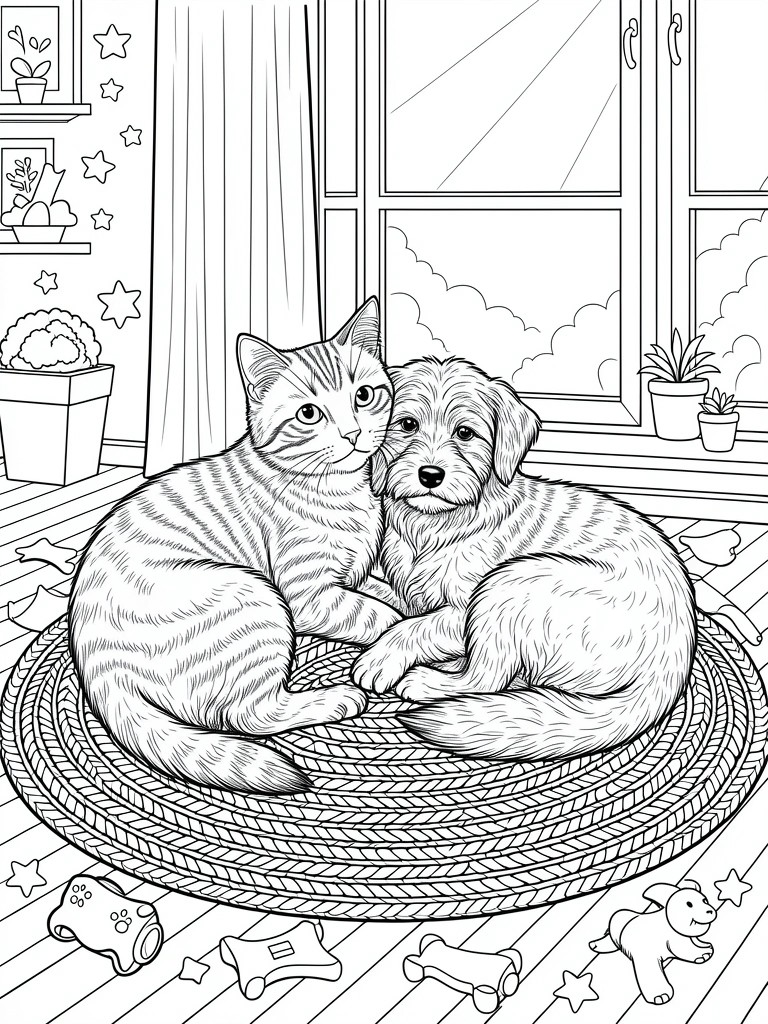 Line drawing of a tabby cat and small fluffy dog cuddling on a round rug in a room with window, plants, shelves, and toys.