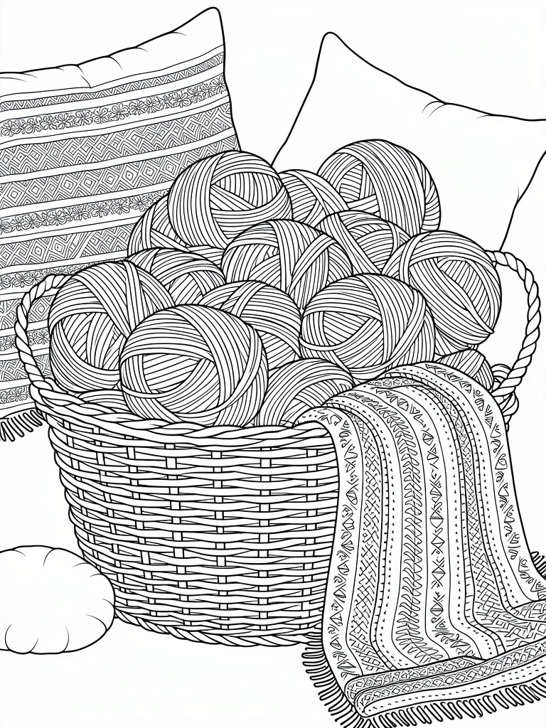 Line drawing of a basket overflowing with yarn balls next to patterned pillows and draped fabric.