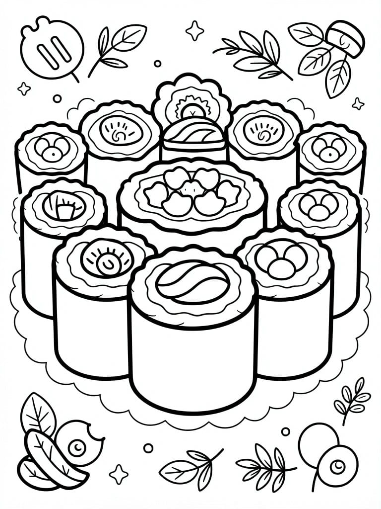 Line drawing of sushi rolls stacked in a circular tower with patterned interiors, surrounded by leaves, stars, a bee, and berries.