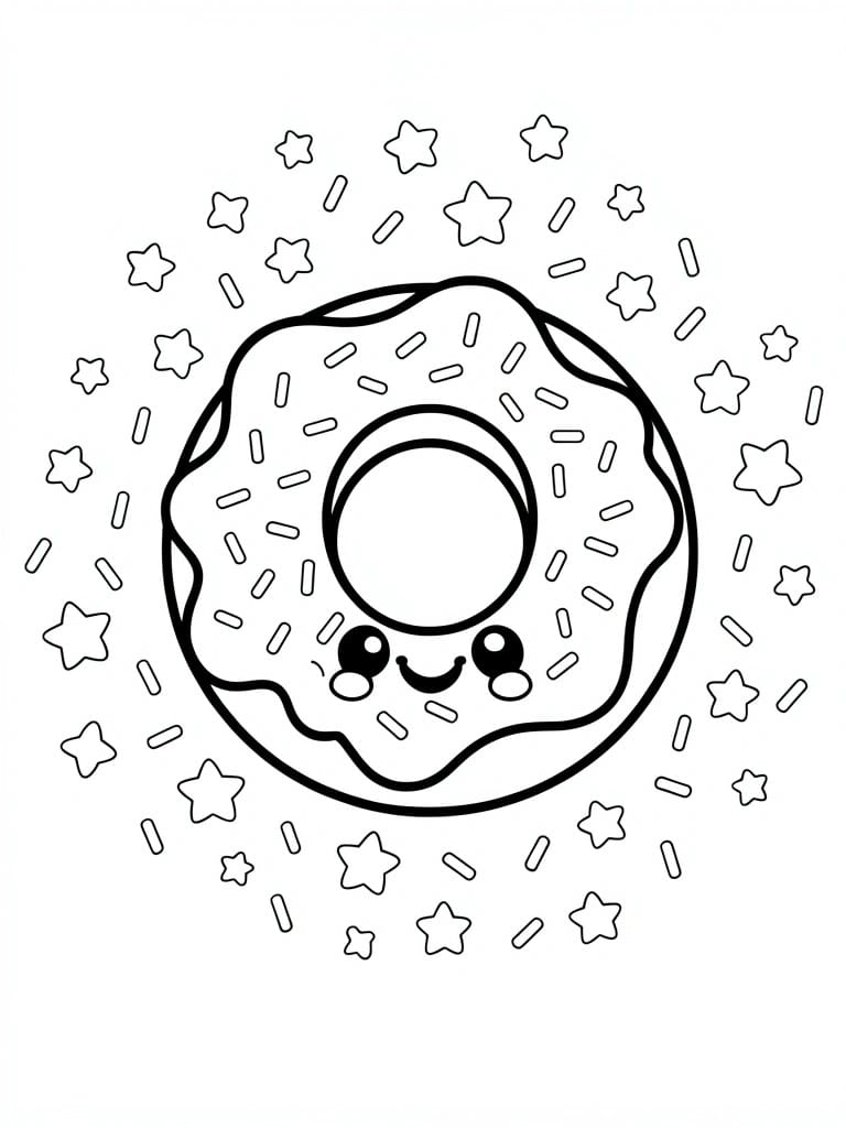 Black line drawing of a smiling donut face circled by stars and sprinkles.