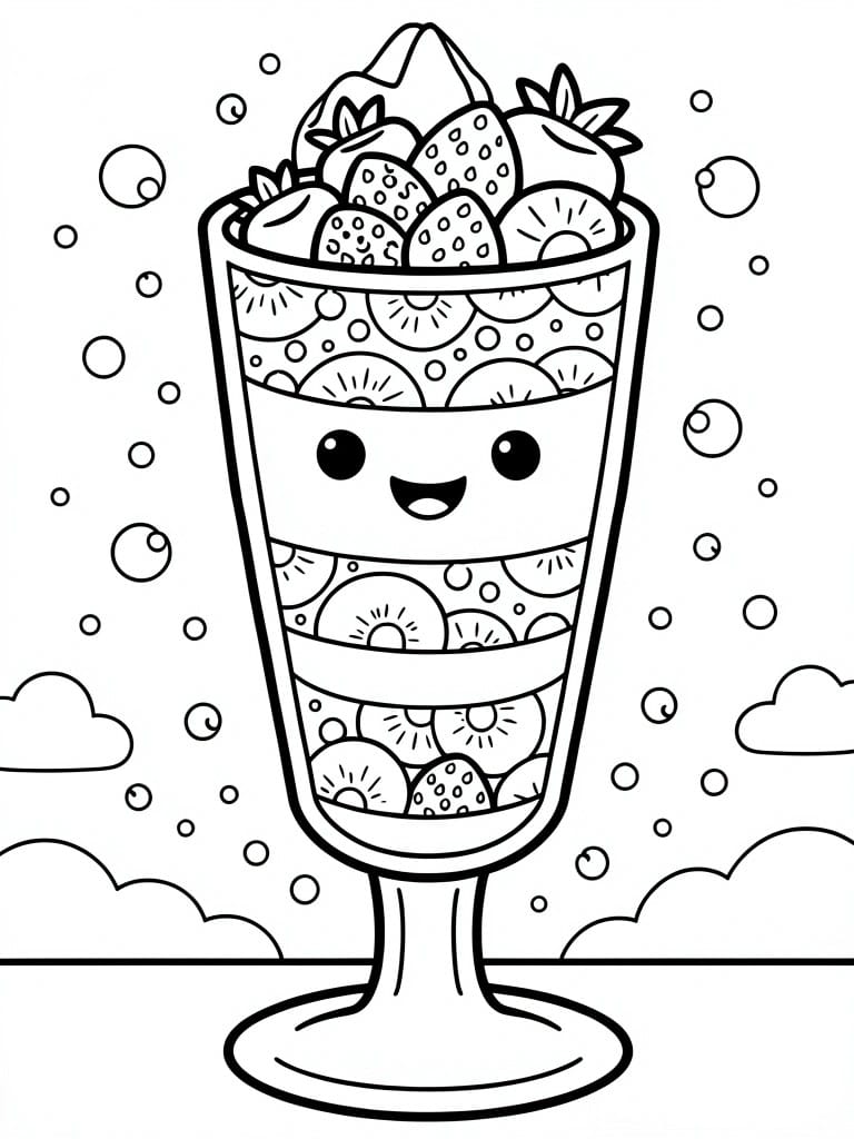 Black line art of a kawaii parfait glass with a cute face, filled with strawberry and kiwi layers, surrounded by bubbles and clouds.