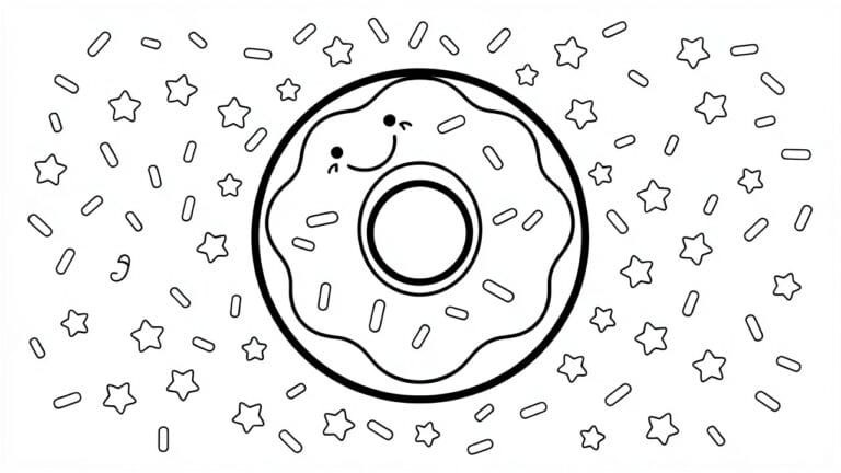 Black line drawing of a smiling donut face circled by stars and sprinkles.