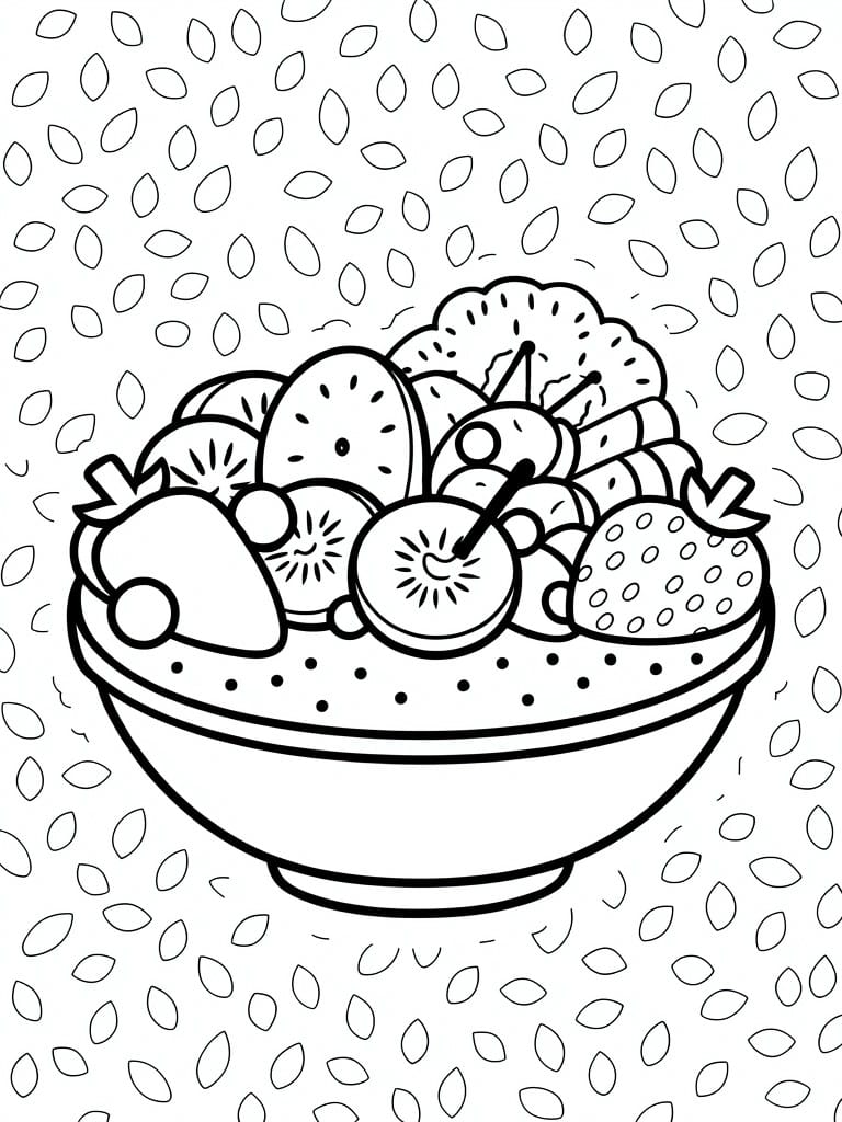 Line art coloring page of a bowl filled with sliced fruits including kiwi, strawberries, and blueberries, topped and surrounded by seed patterns.