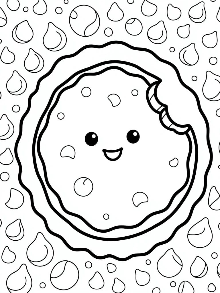 Line drawing of a cute smiling chocolate chip cookie with a bite taken out and chocolate chip patterns around it.