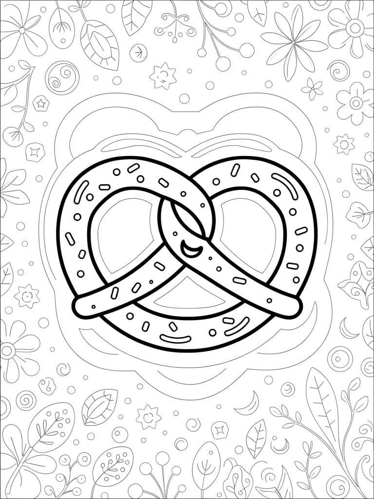 Line art coloring page of a heart-shaped pretzel centered amid flowers, leaves, berries, stars, and a moon in a decorative frame.