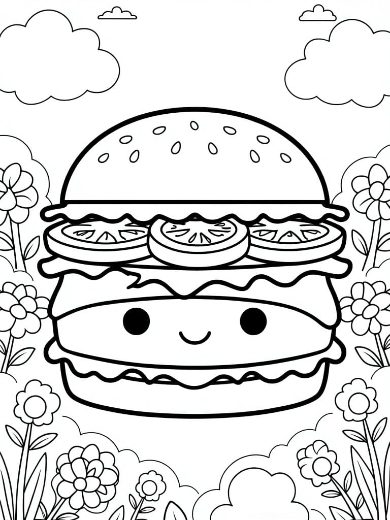 Black line art of a cute smiling burger with eyes, surrounded by flowers below and clouds above.