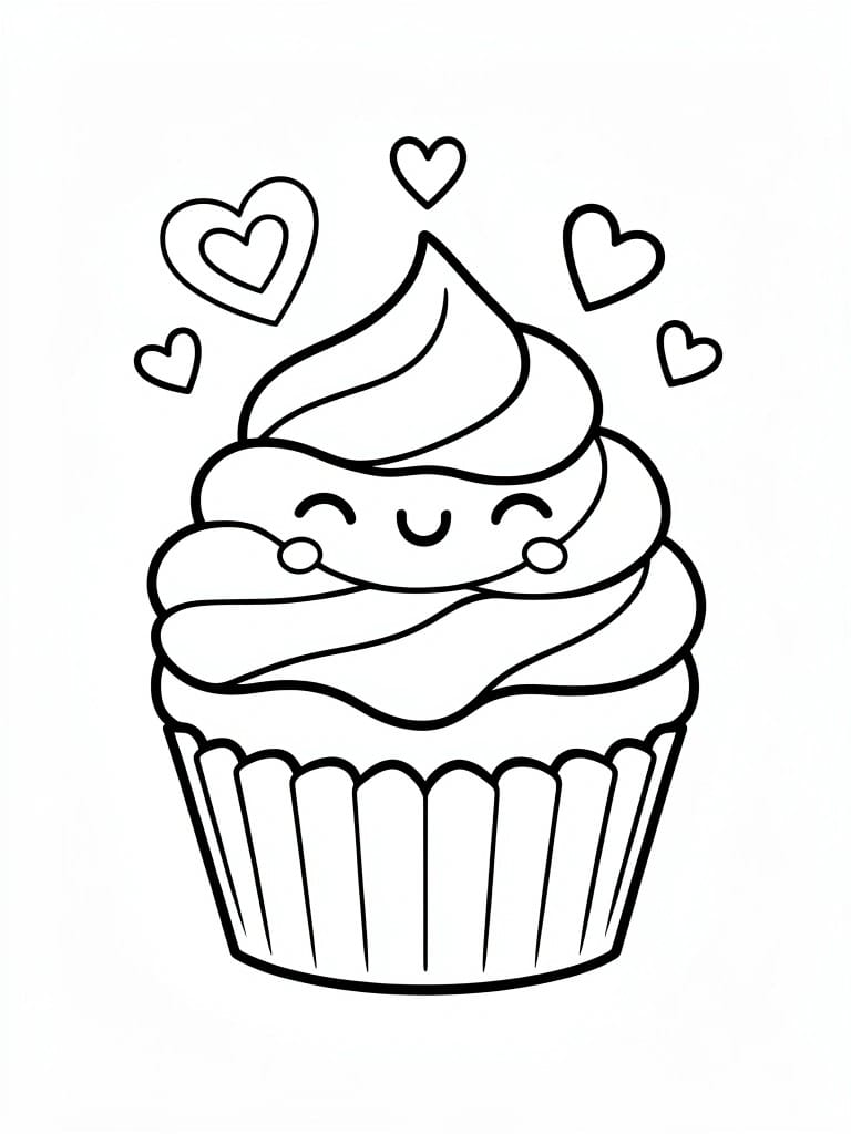 Black line drawing of a kawaii-style smiling cupcake with swirled icing and floating hearts around it.
