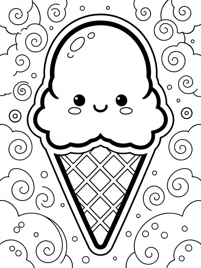 Line art coloring page of a smiling kawaii ice cream cone with two scoops on a textured cone, surrounded by swirls and clouds.