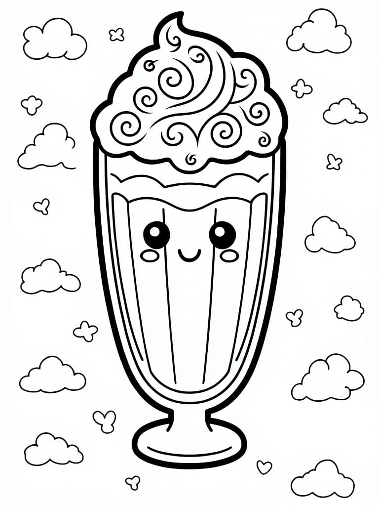 Line drawing of a kawaii-style milkshake in a tall glass with whipped cream top, big eyes, smile, and scattered clouds.