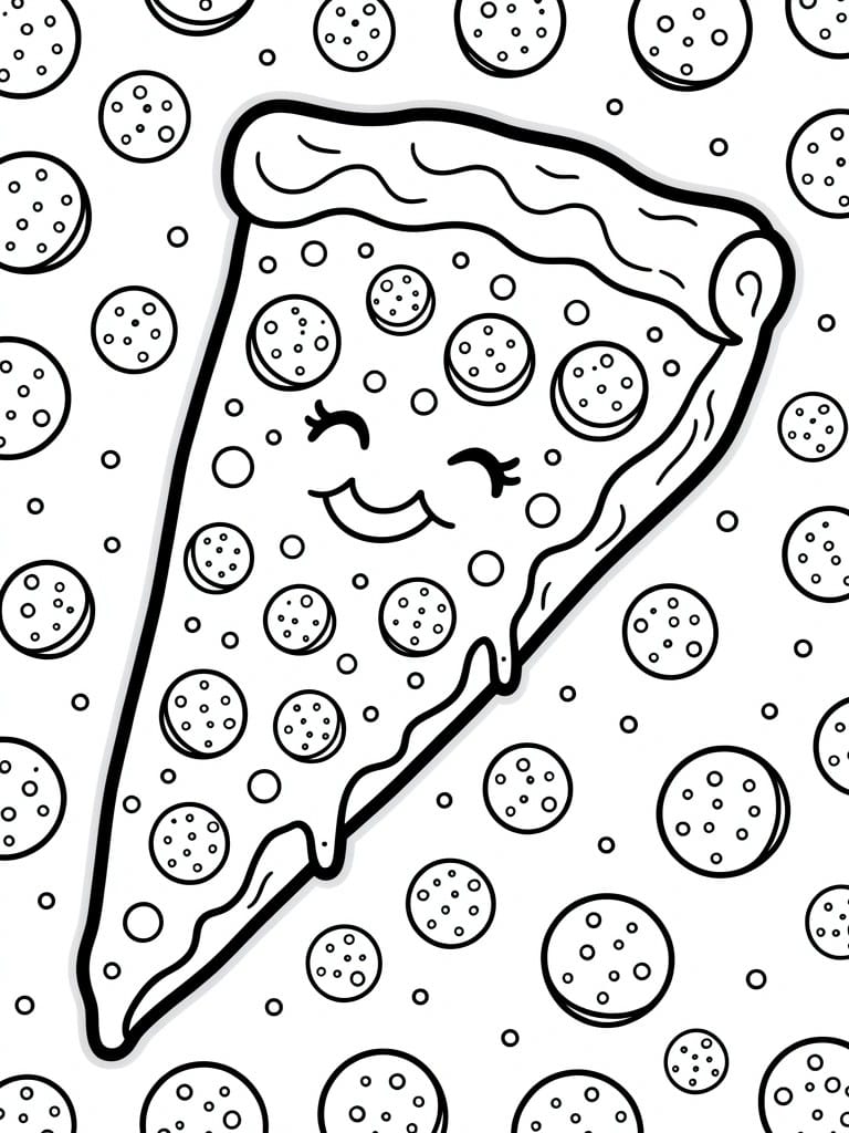 Black outline coloring page of a smiling kawaii pizza slice with pepperoni toppings and floating pepperoni pieces around it.