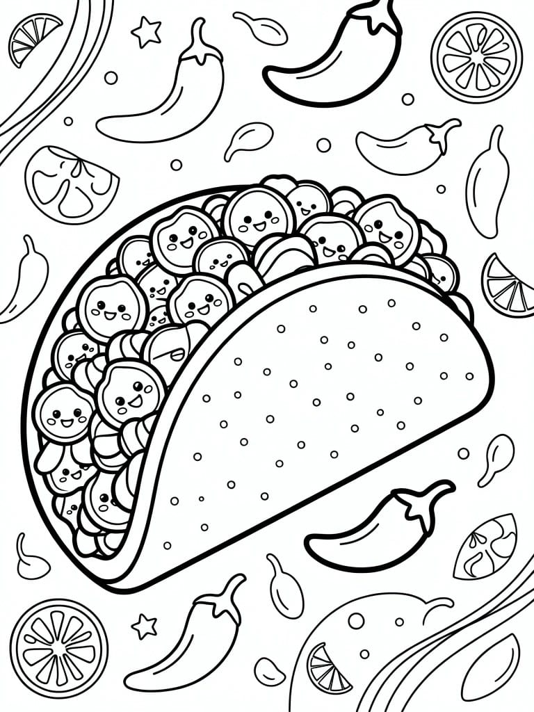 Coloring page featuring a taco filled with many small smiling chibi faces and surrounded by floating peppers, limes, lemons, and stars.