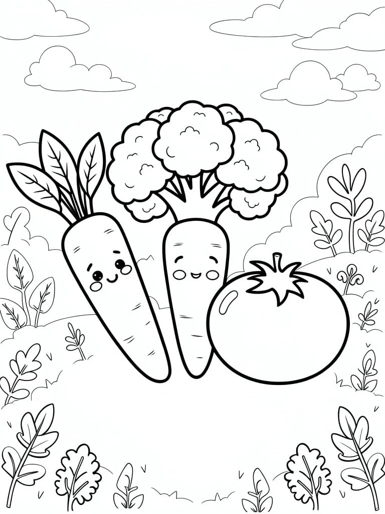 Line art coloring page featuring smiling carrot, broccoli, and tomato with faces in a garden scene including clouds and grass.