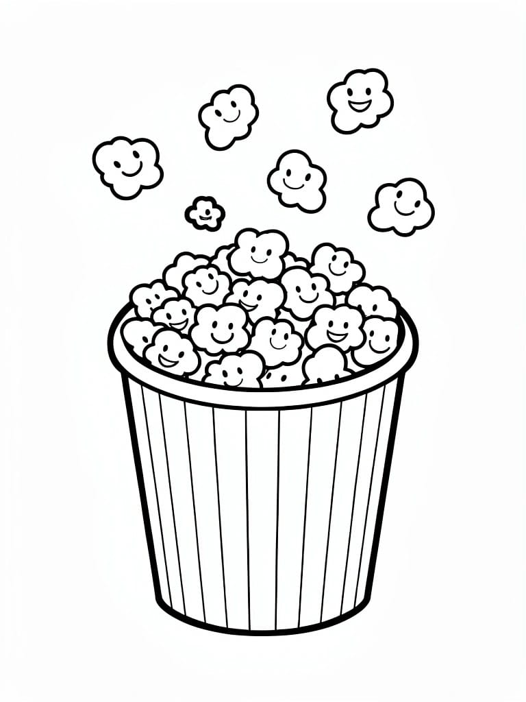 Line drawing of a striped bucket filled to the brim with smiling popcorn kernels, some floating above.