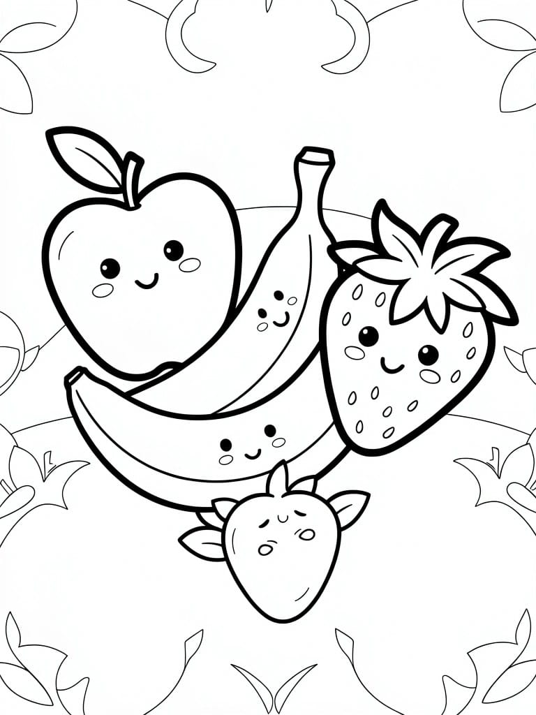 Line art of cute smiling apple, bananas, and strawberries stacked together inside a decorative vine border.
