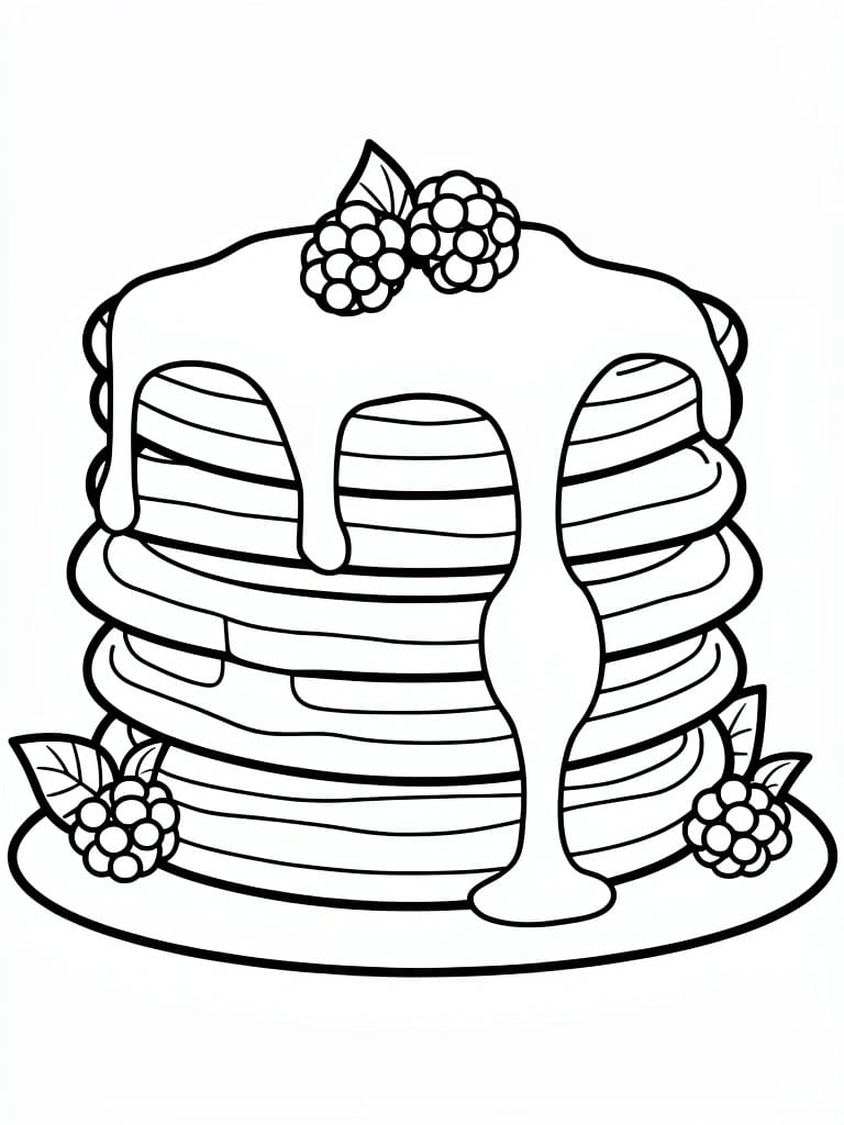 Line drawing of stacked pancakes with dripping syrup, topped and accented with raspberries and leaves.