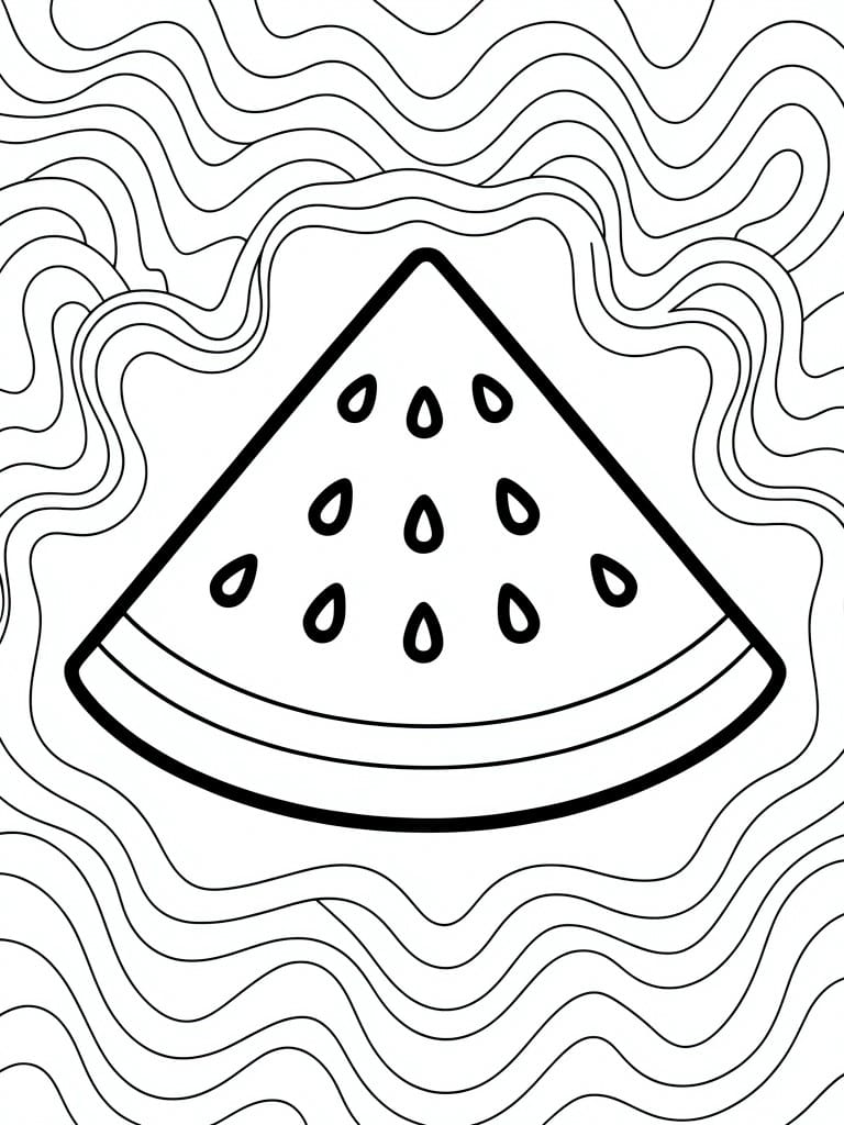 Black line drawing of a central watermelon slice surrounded by dense swirling wavy patterns.