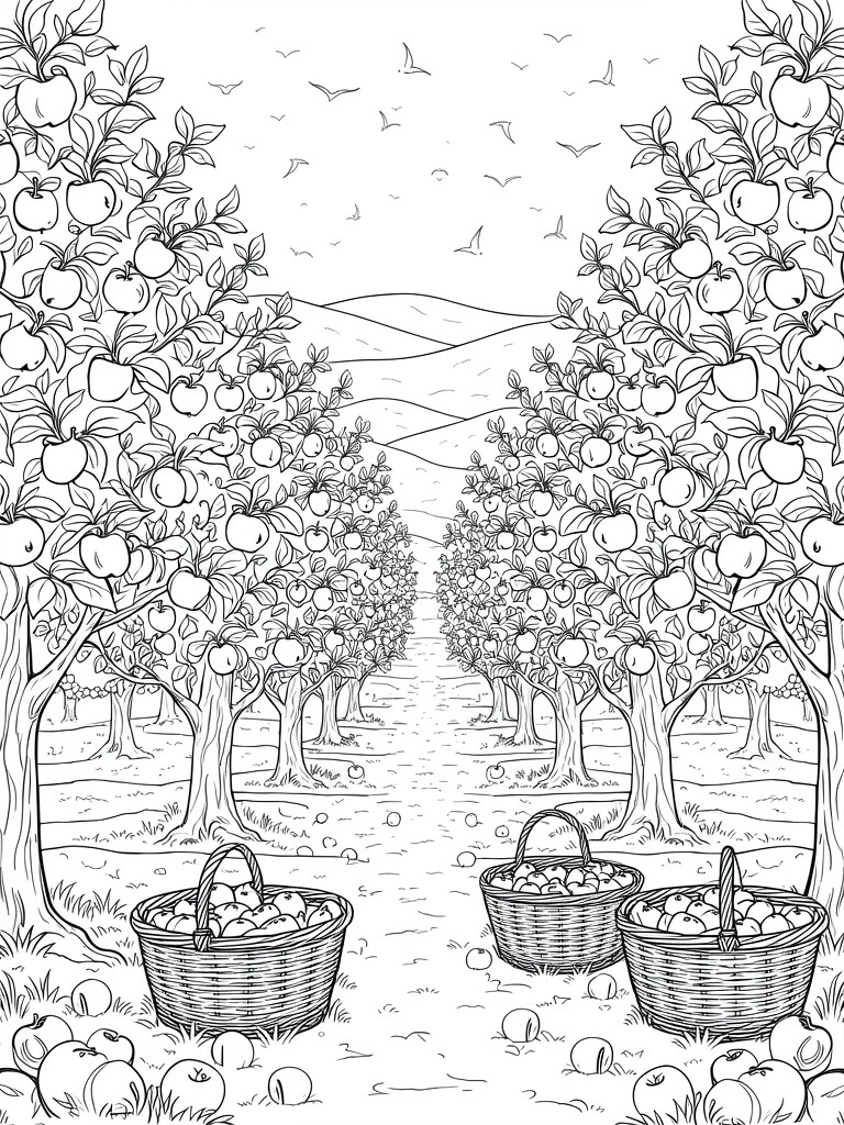 Line drawing of a central path through rows of apple trees with baskets, fallen apples, birds, and distant mountains.