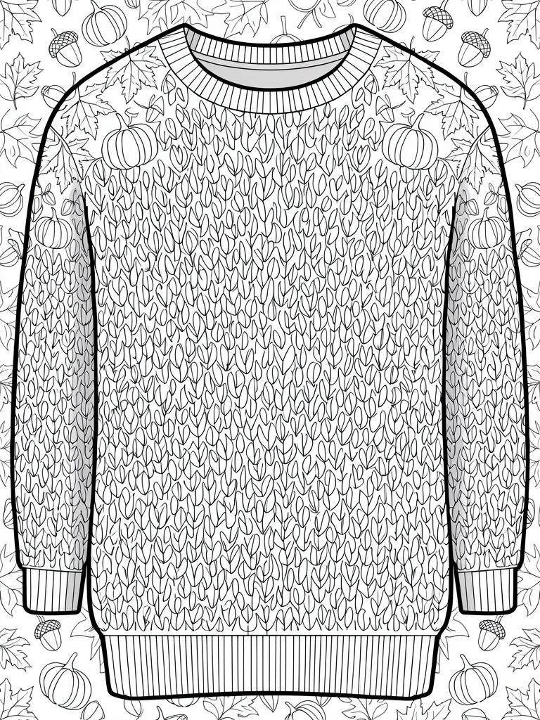 Line art of a textured knit sweater with acorns, pumpkins, and autumn leaves.