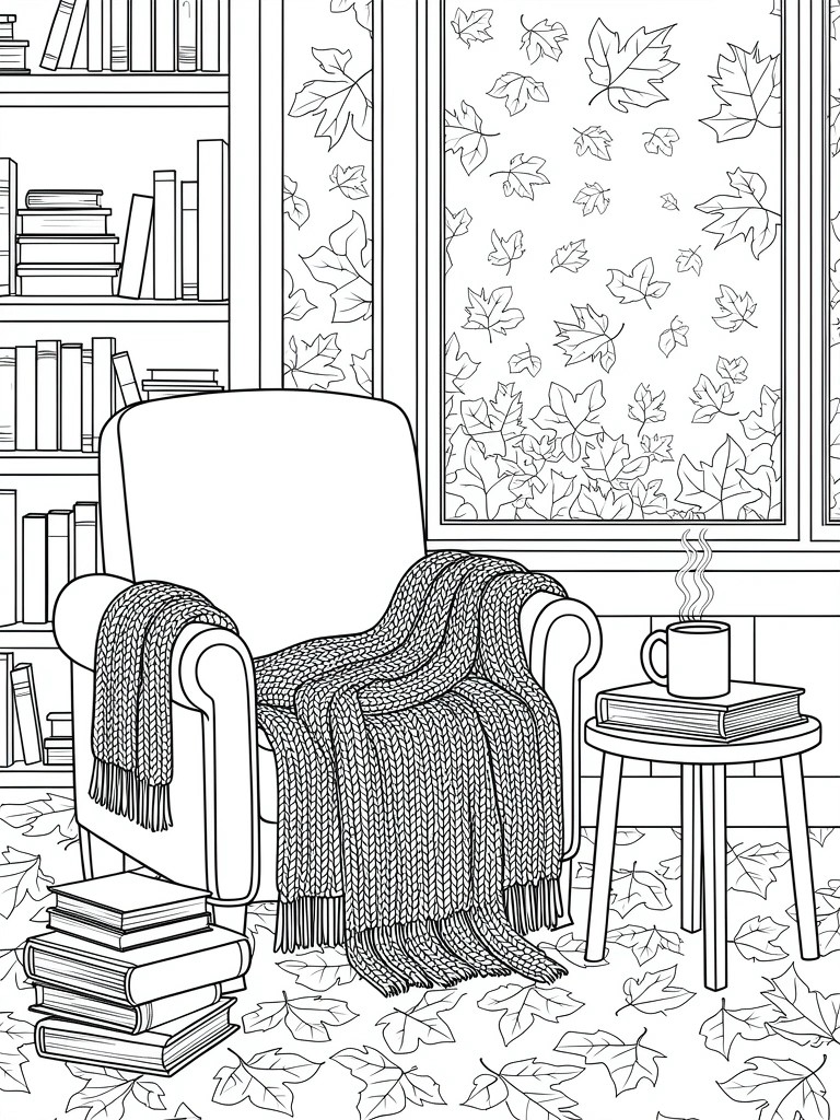 Black and white line drawing of an armchair with blanket and mug beside a window with falling leaves in a room with bookshelves and floor books.