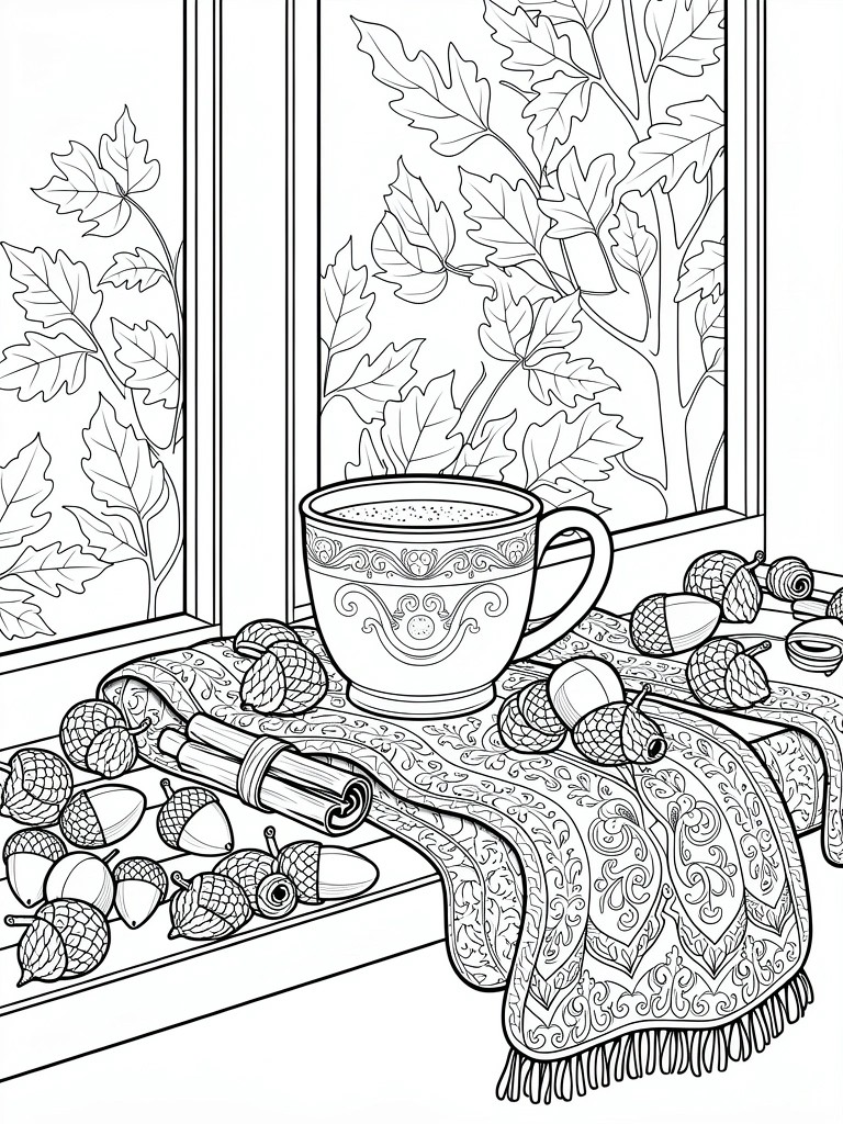 Line art of a windowsill holding a steaming ornate cup, acorns, and cinnamon sticks on fabric, with autumn leaves visible through windows.