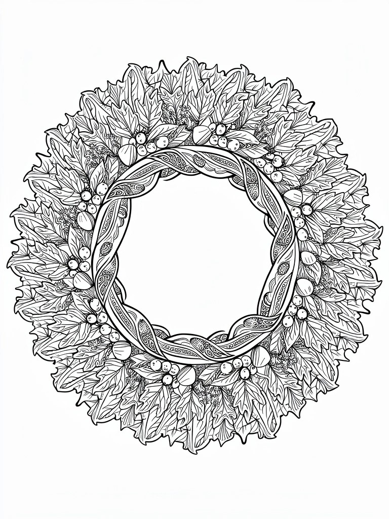 Line art of a circular holly wreath with overlapping leaves, berries, and central braided pattern.