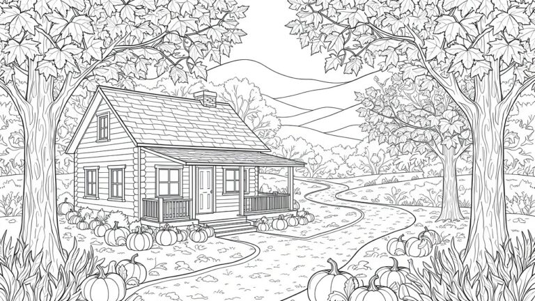Line drawing of a cabin with porch and pumpkins, framed by autumn trees with mountains behind and a path through a pumpkin patch.