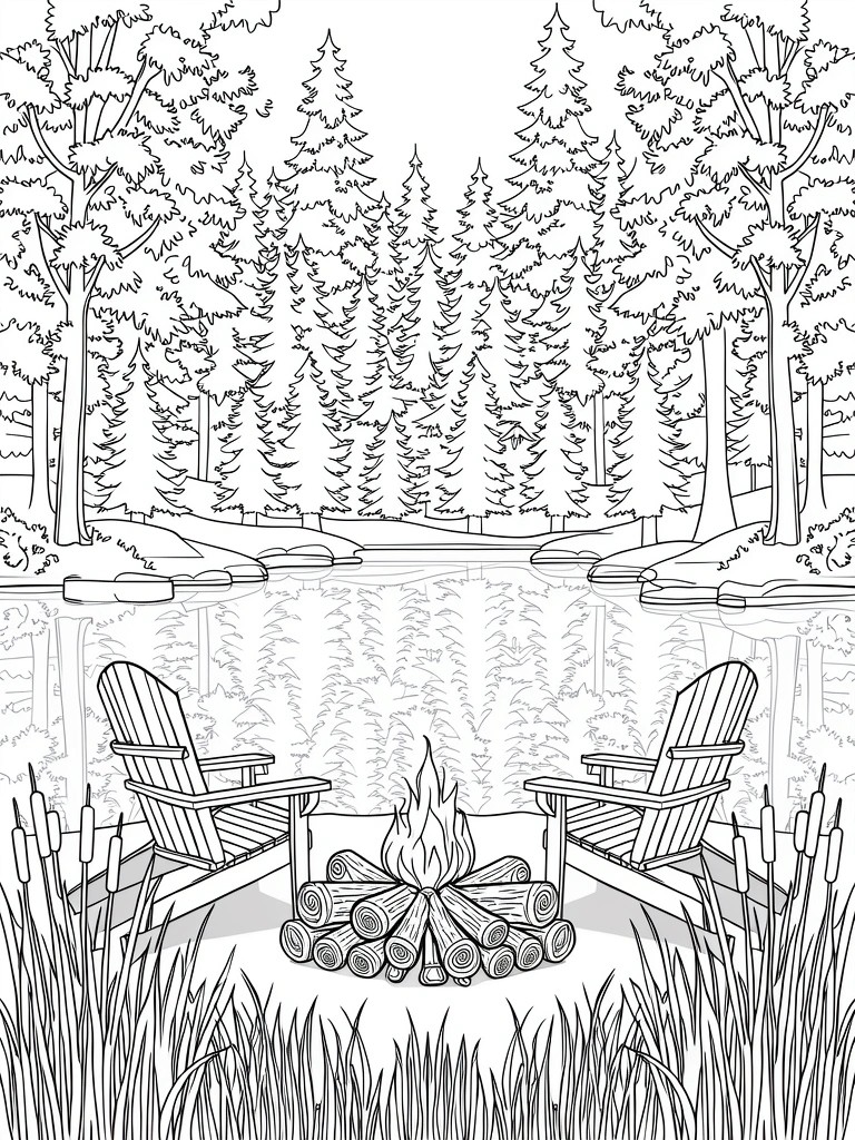 Line art coloring page of two Adirondack chairs facing a campfire by a reflective forest lake with pine trees and reeds.