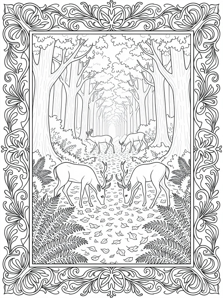 Line drawing of a tree-lined forest path with grazing deer, ferns, leaves, and an elaborate decorative border.