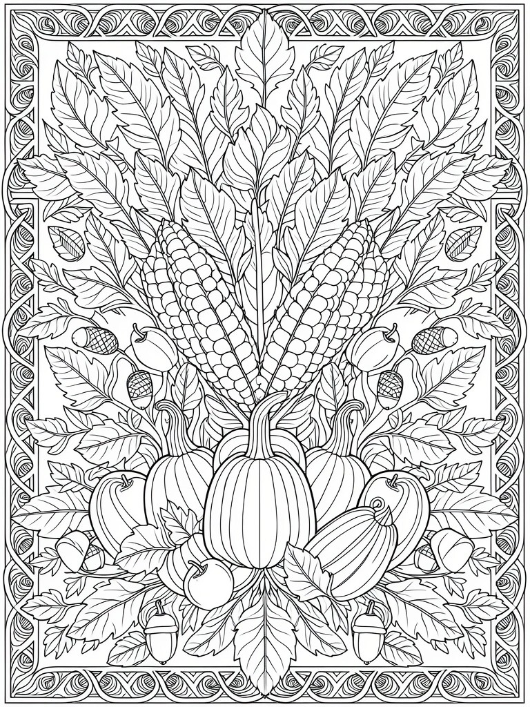 Line art coloring page featuring symmetrical corn stalks, pumpkins, apples, acorns, leaves, and an ornate border.