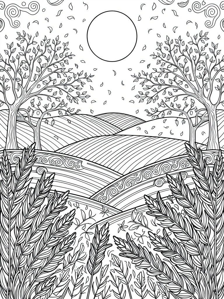 Black and white line art of symmetrical autumn landscape with central full moon, falling leaves, patterned trees, rolling hills, and framing grasses.