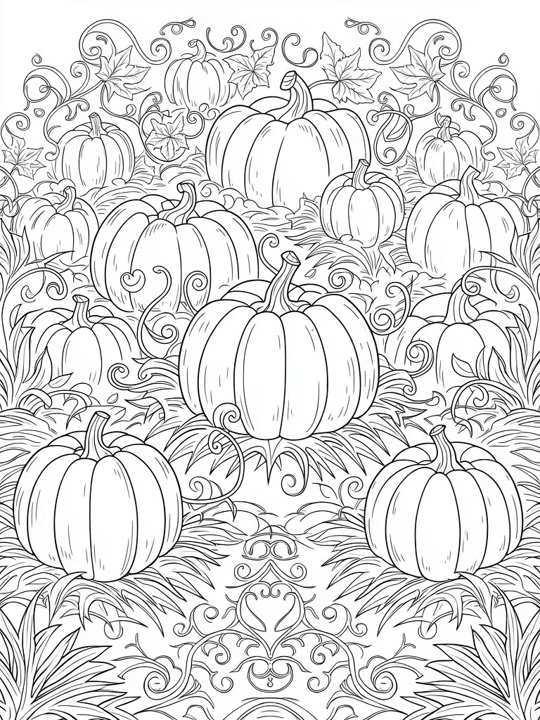 Black and white line art of pumpkins clustered among swirling vines, leaves, and ornate curly patterns.